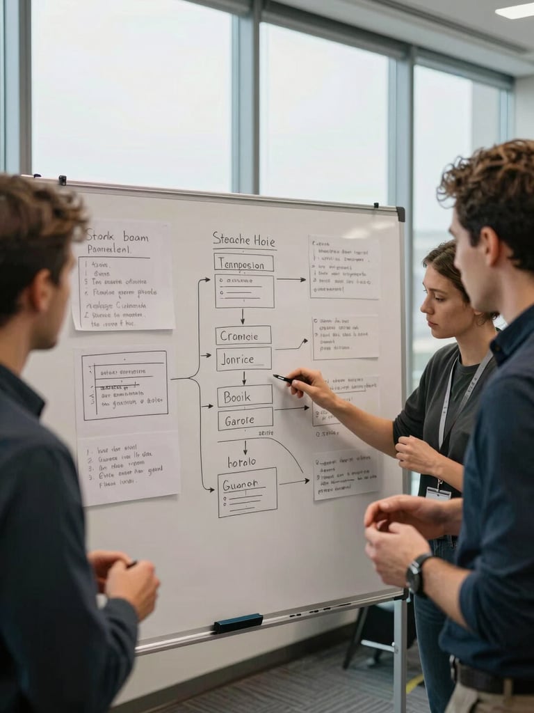 Wide environmental shot of a professional facilitation workshop, three participants leaning over a whiteboard covered in strategic framework notes, diffused natural light from tall north-facing windows, neutral conference room, hands visible mid-gesture, no faces prominent
