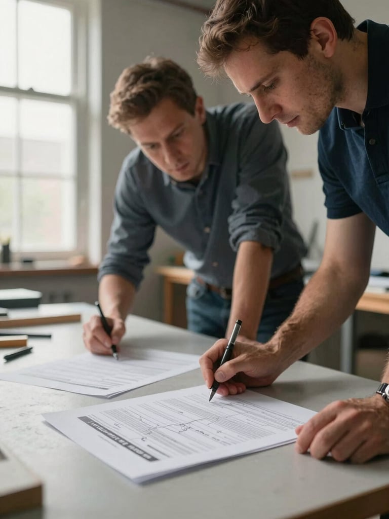 Close-up environmental shot inside a workshop room, two professionals leaning over a shared table reviewing a printed SAF framework document with handwritten annotations, diffused natural light from a wide window to the left, foreground shows the corner of the document and a pen resting on the table, warm gray walls receding into soft focus background