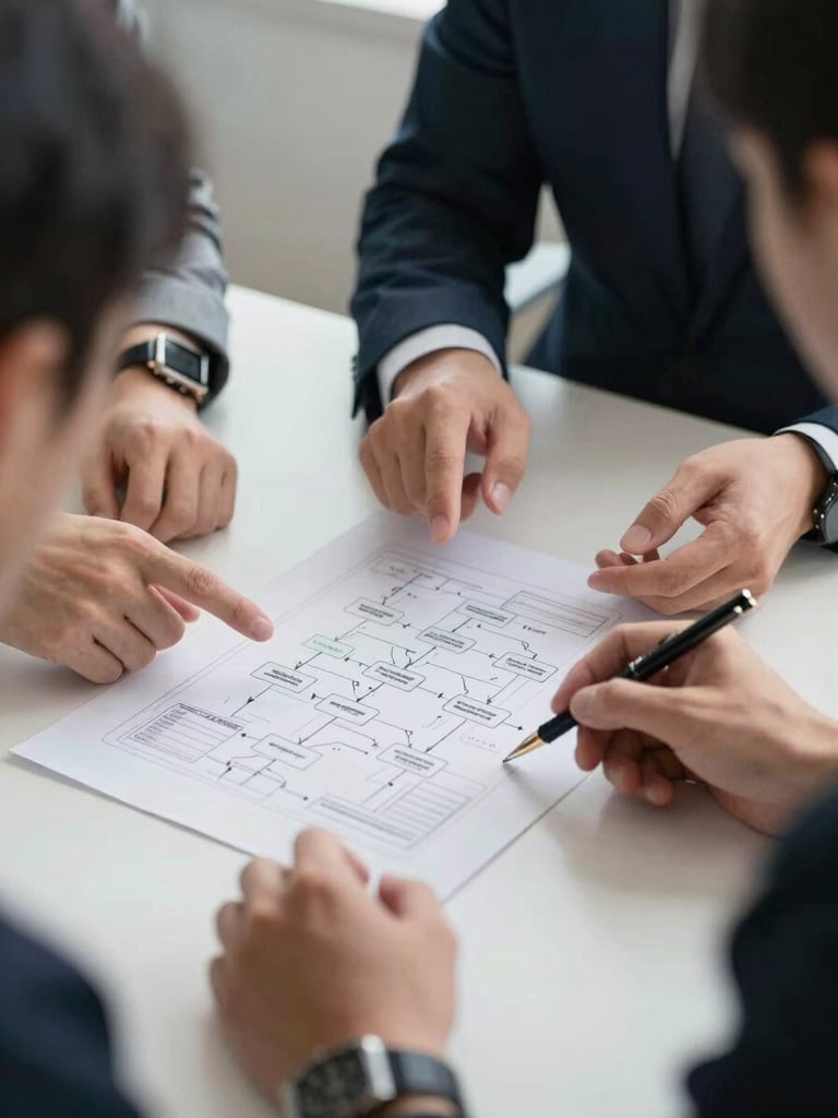 Close-up of a team leader and two colleagues reviewing a printed workflow diagram on a table, hands gesturing at process steps, neutral office environment, flat daylight