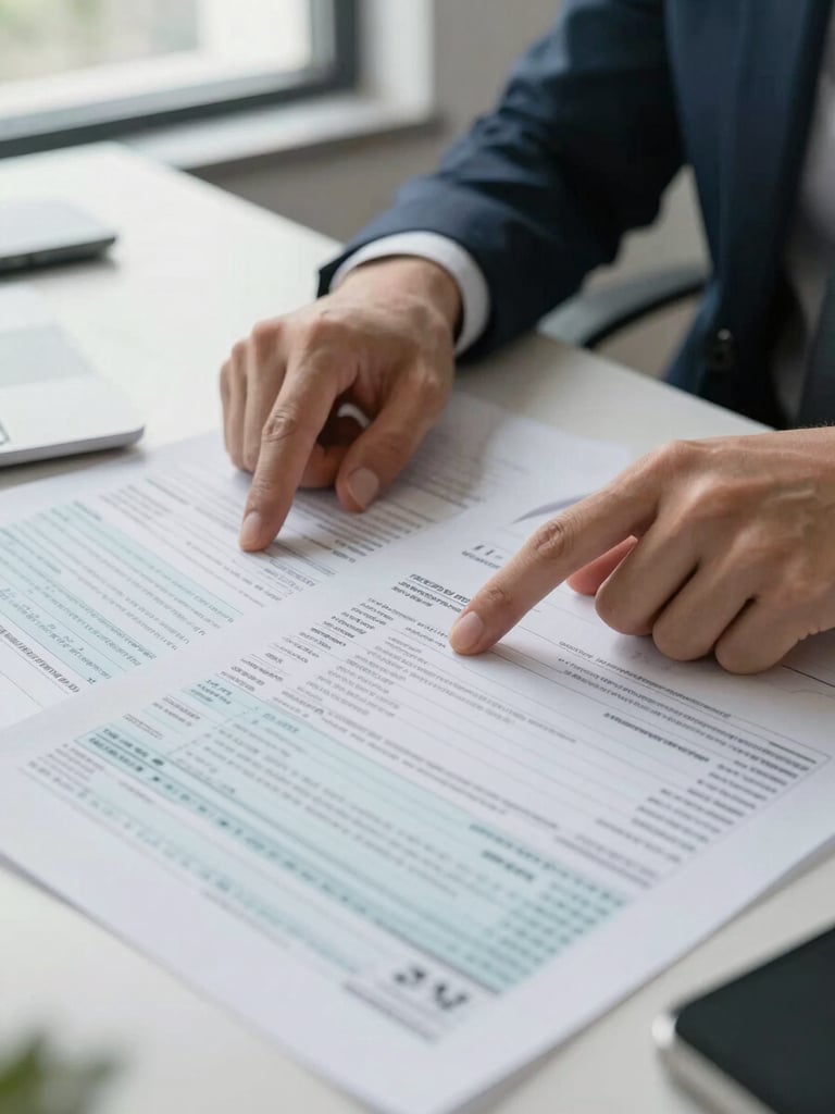 Close-up of hands pointing at tax forms and financial tables spread across a work desk, flat office daylight coming from a side window, documents slightly overlapping, pen resting on figures