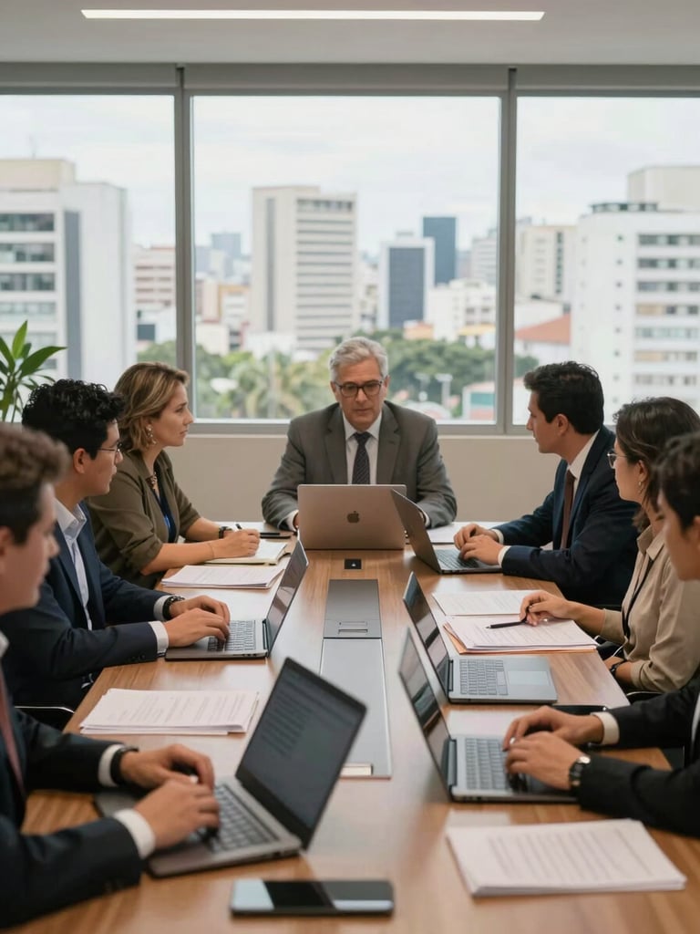 Wide environmental shot of a team meeting in progress at a long conference table, documents and laptops open, participants mid-conversation and not posed, flat office daylight through large windows, São Paulo cityscape softly visible in background