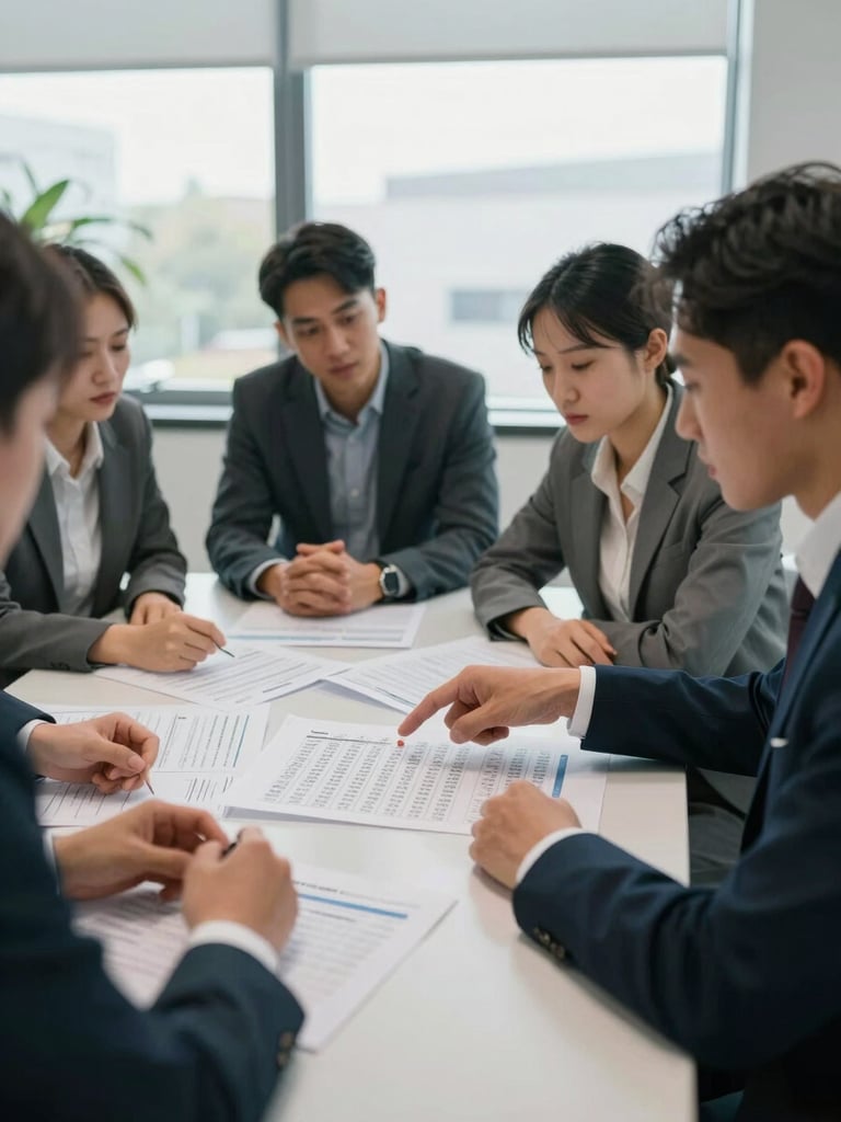 Wide shot of a sales team seated around a table reviewing printed pipeline reports, mid-discussion, one person pointing at a column of numbers, flat office daylight from windows behind