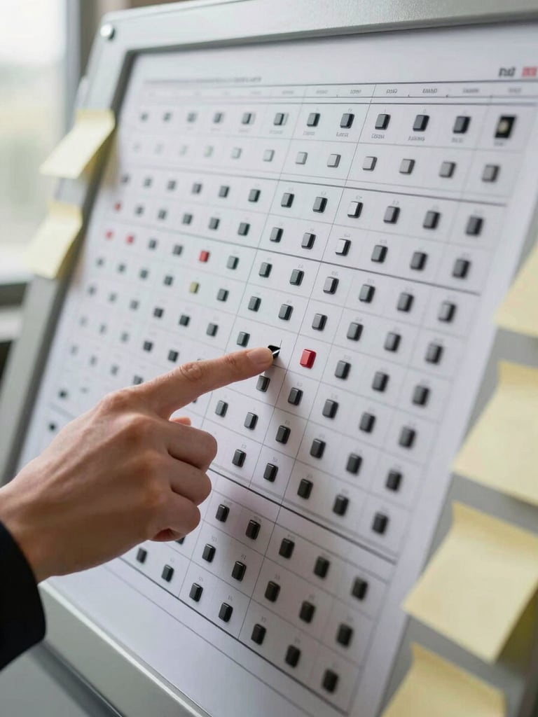 Close-up overhead shot of a security controls matrix printed on large format paper, a hand pointing at a specific control row with a pen, scattered sticky notes and a ruler visible at the edge of the frame, even natural window light from the left side