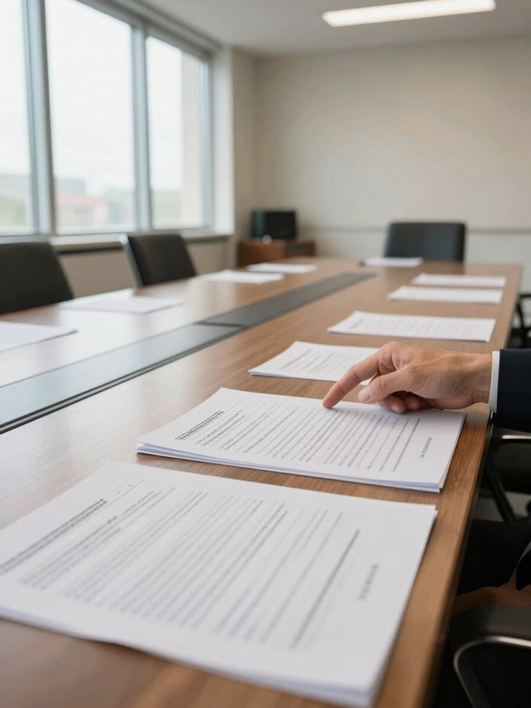 Wide-angle view of a conference table from the right side, printed control framework documents spread across the surface, a hand pointing to a specific clause, natural daylight from tall windows to the left, off-white walls, no people's faces visible