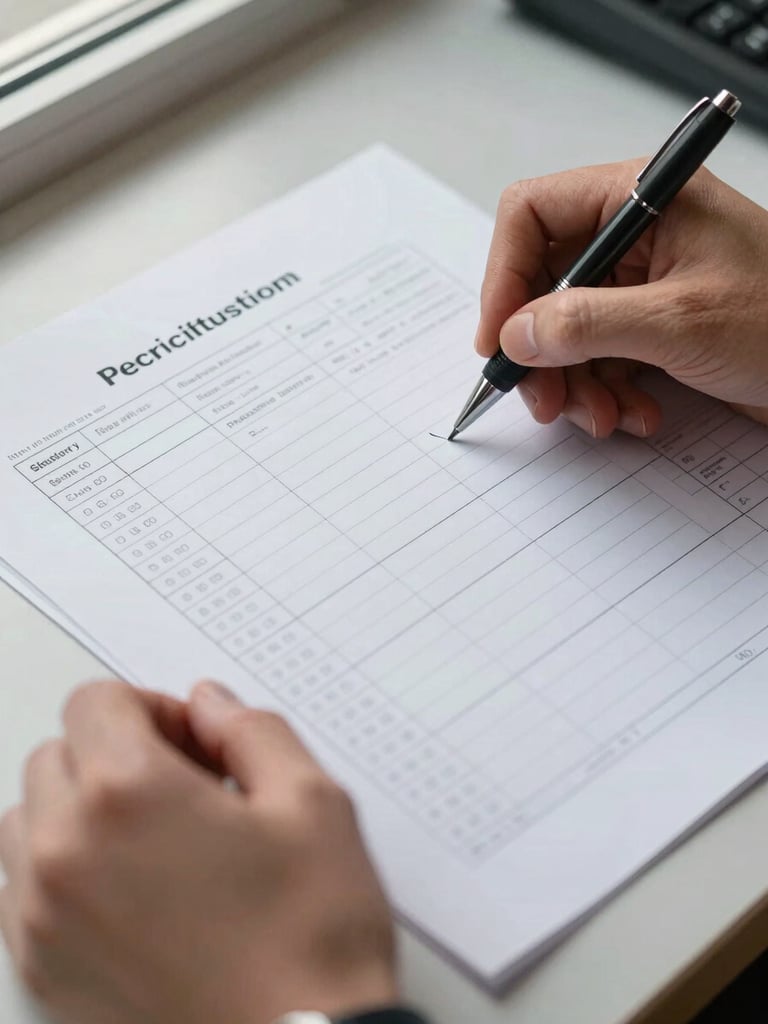 Close-up of a security control register printed on A3 paper, hands holding a pen marking an annex reference, shallow depth of field on the document, even natural light from a nearby window, plain desk surface visible