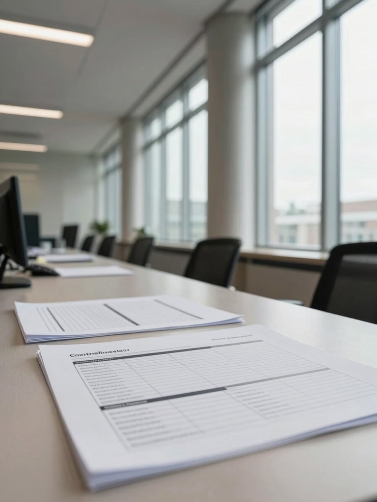 Wide office environment, natural daylight through tall windows on the right, a compliance analyst seated at a long table reviewing printed control framework documentation, papers spread across the surface, architectural columns visible in the background, even and clear lighting