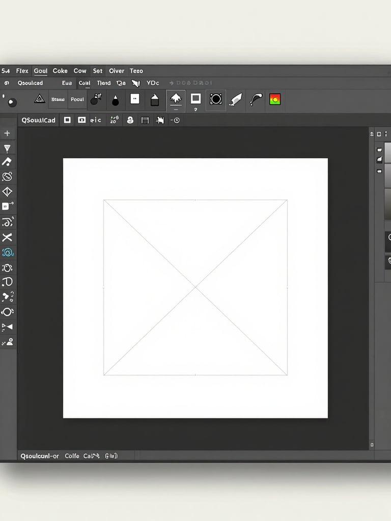 Straight-on flat crop of QSoulCad software interface on a light background — clean toolbar at top, open vector drawing workspace, precise geometric paths visible on a white canvas, minimal UI chrome, bright even studio lighting
