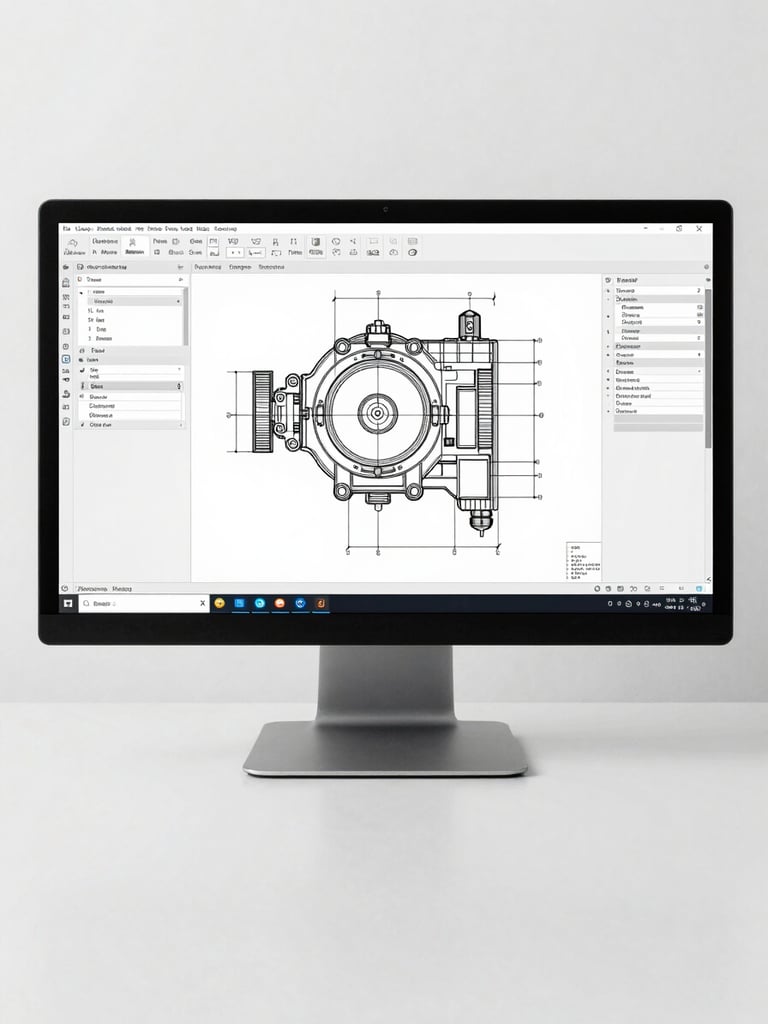 Full-screen CAD workspace on a monitor showing a precise mechanical part drawing in progress, clean white background, minimal uncluttered desk surface, straight-on flat angle, bright even daylight