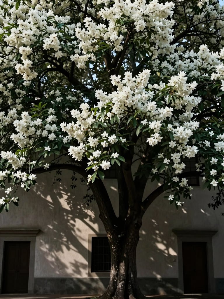 Dramatic low-key lighting casting deep shadows over a towering canopy of mature trees and white florals inside a plaster-walled historic hall