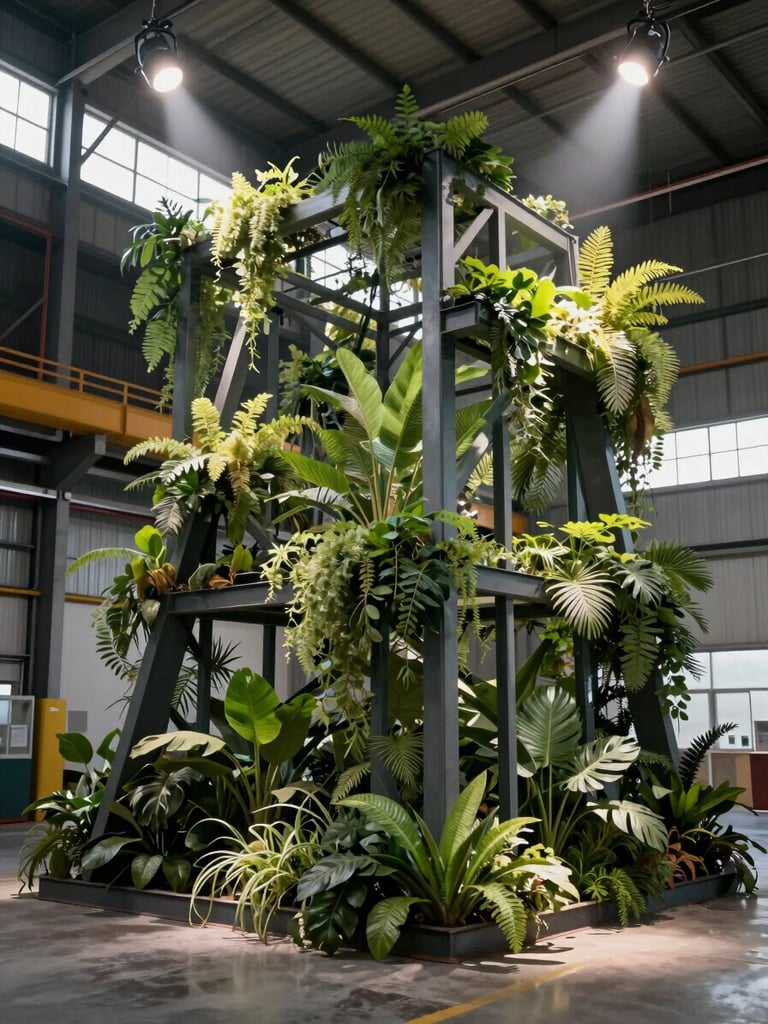 A structurally ambitious botanical installation in an industrial warehouse, featuring geometric steel frames overgrown with wild green foliage and dramatic architectural spotlights