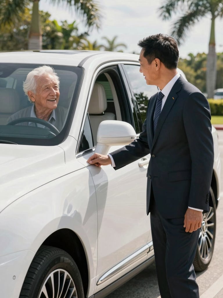 A professional bilingual driver in a clean, dark suit warmly greeting an elderly passenger next to a pristine white luxury SUV. Bright, natural Florida daylight, soft shadows, focusing on the respectful handoff.