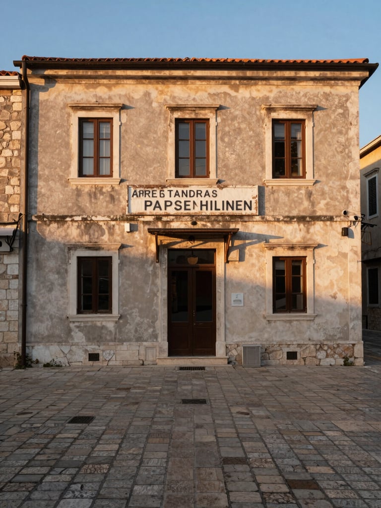 Wide environmental shot of a traditional Adriatic pension building facade at golden hour, street-level framing showing the entrance portico and weathered signage, warm late-afternoon light raking across the stucco wall from the right, a quiet cobblestone forecourt in the foreground, no people present