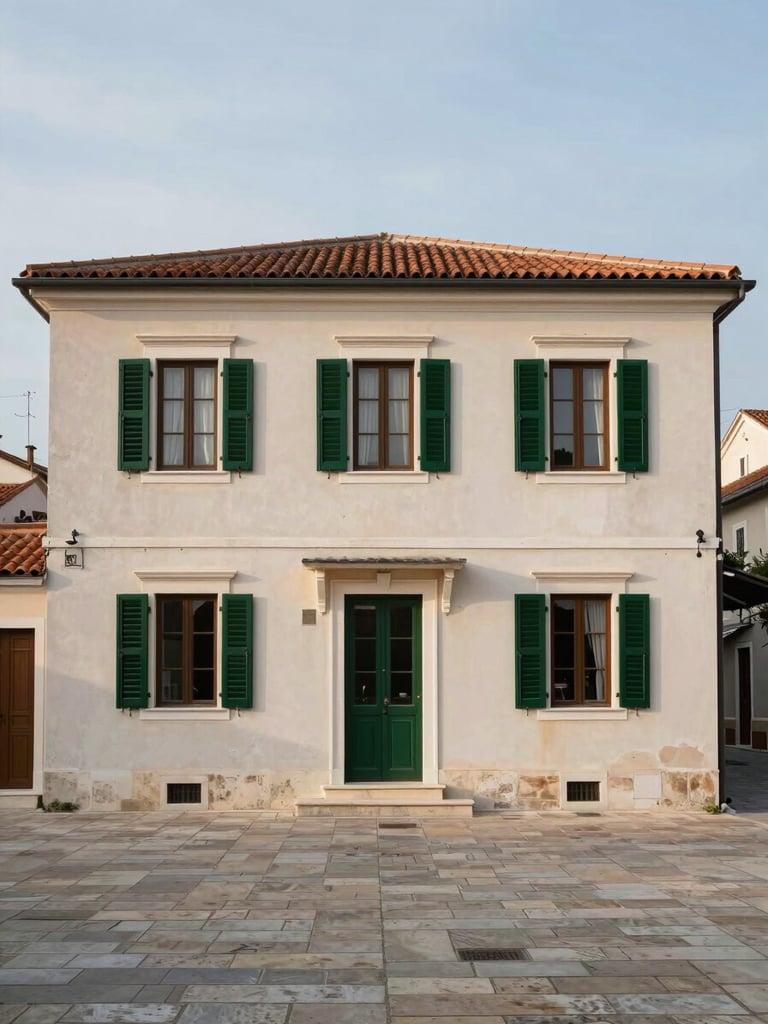 Environmental wide shot of a two-storey Adriatic pension building facade at street level, pale render exterior with green shutters, morning overcast light, stone pavement in foreground, no people, framed to show the building in its coastal town context