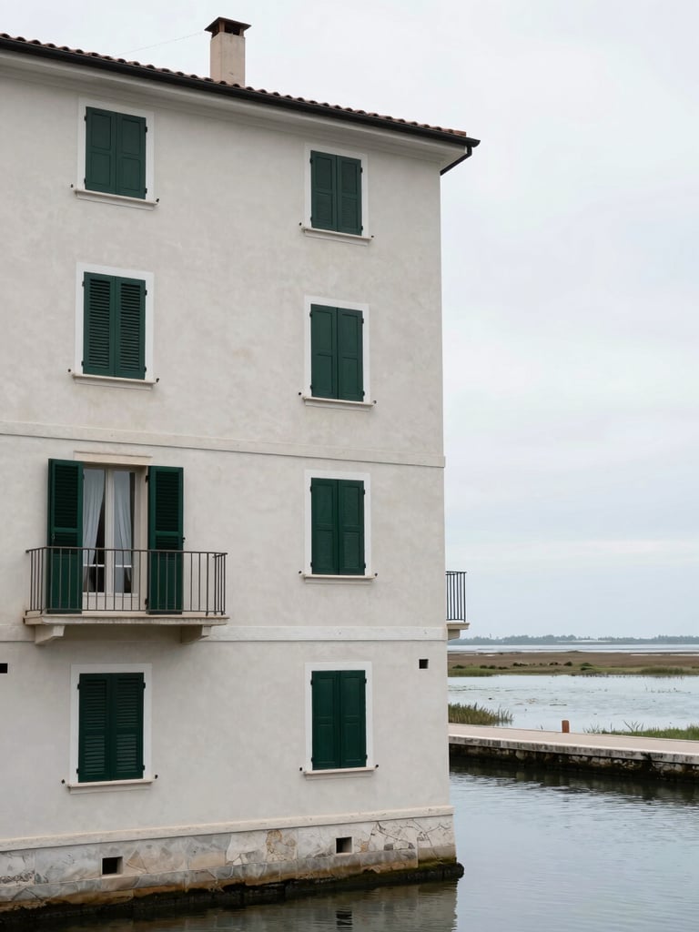 Wide environmental shot from street level, a three-storey waterfront hotel facade on the northern Adriatic coast, rendered in overcast midday light — pale render walls, dark green shutters, a small terrace railing visible at the first floor. The building occupies the left two-thirds of the frame; to the right a narrow canal and flat lagoon stretch toward a pale horizon. No people, no signage, no staging.