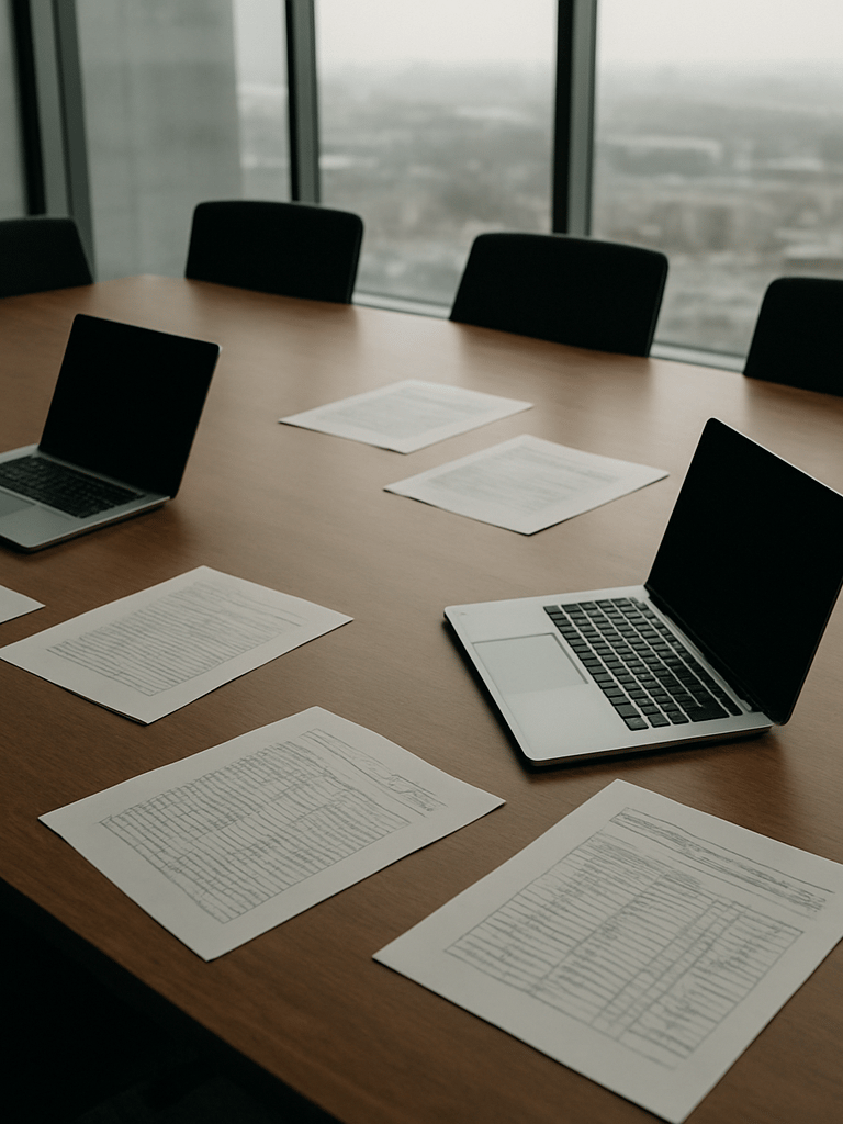 Wide environmental shot of a conference table from above, spreadsheets and open laptops arranged across the surface, overcast daylight through floor-to-ceiling windows, no people, papers with handwritten margin notes visible