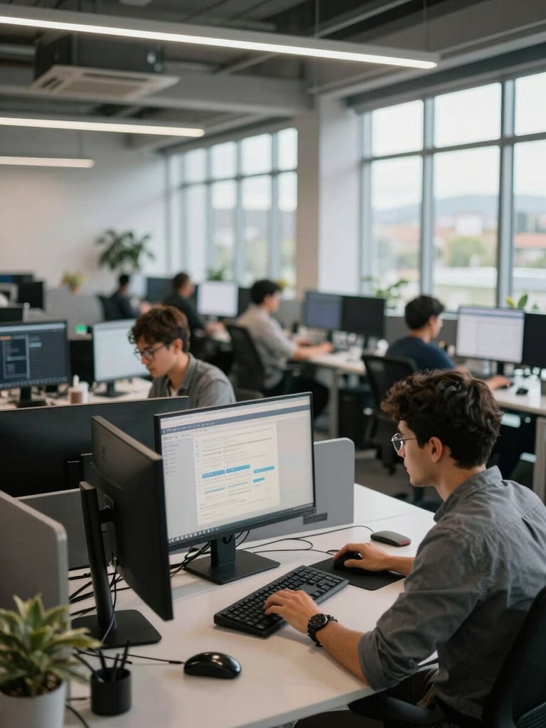 Wide environmental shot inside a modern South African open-plan tech office, rows of monitors and developers focused on screens in the mid-ground, natural daylight pouring through floor-to-ceiling windows on the right, neutral grey desks and overhead pendant lighting, no posed subjects, shallow depth-of-field pulling focus to the nearest workstation