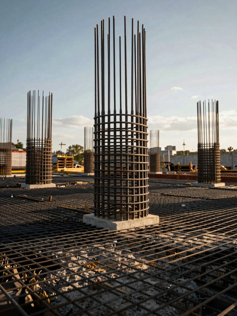Close-up of thick steel rebar grids and poured concrete foundations on a massive civil construction site, dramatic overcast daylight, high contrast