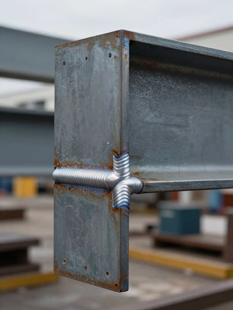 Close-up of structural steel weld joints on a fabricated beam assembly, overcast daylight, sharp surface detail showing bead quality and metal grain, industrial yard context visible in soft background