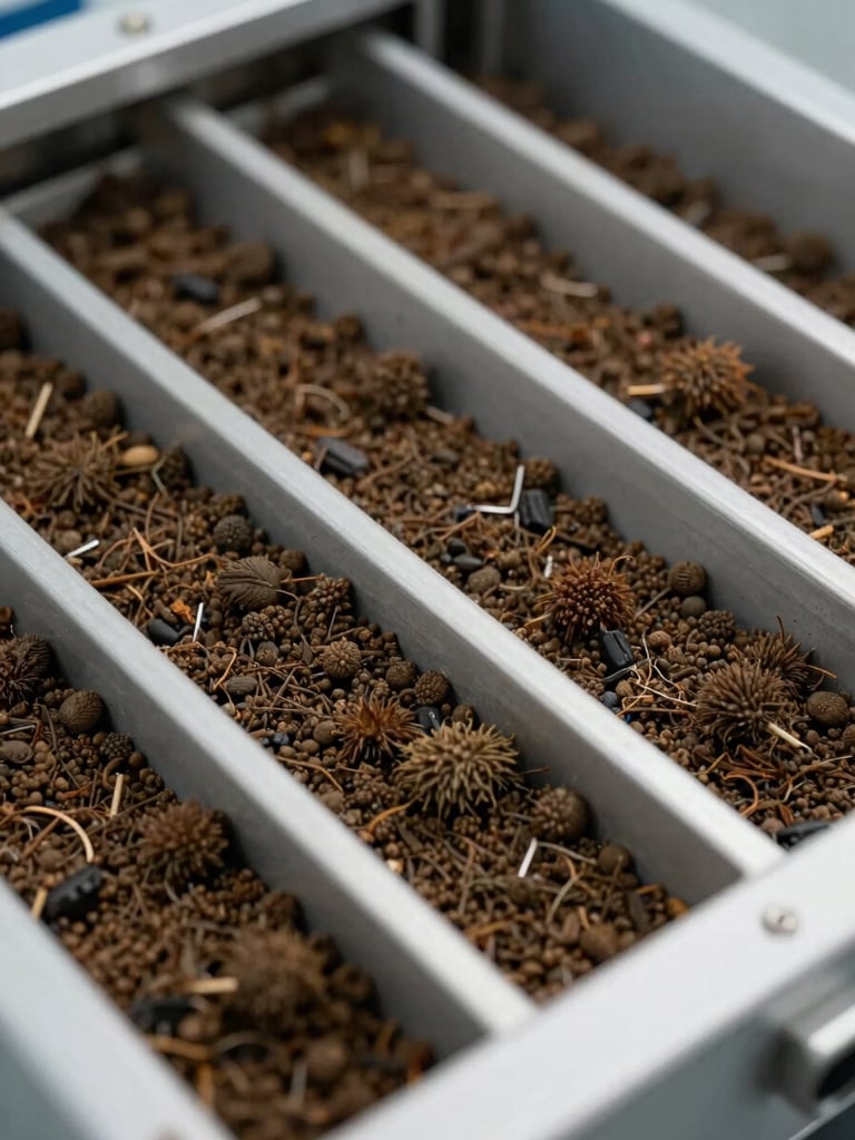 Wide close-up of Black Soldier Fly frass collection tray system in a functional facility, overhead studio lighting revealing the granular texture of frass and the systematic tray arrangement, no people, clinical and precise