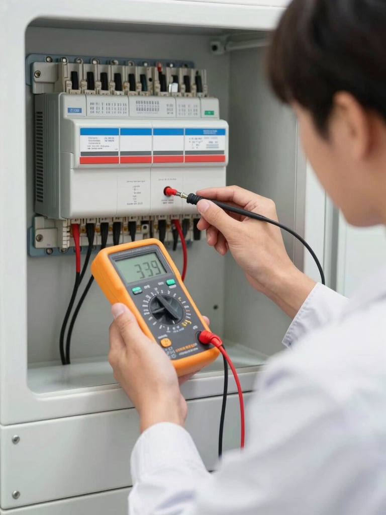 A technician in a clean uniform using a digital multimeter to test a commercial HVAC control board under high-key utility lighting, 35mm