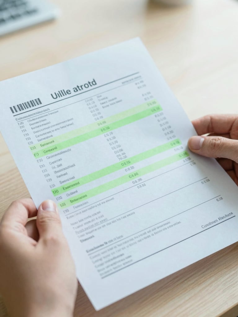 A close-up of hands holding a paper utility bill with green highlighting over the rate details, soft natural light on a wooden desk, clean slate-blue tones, sharp focus.