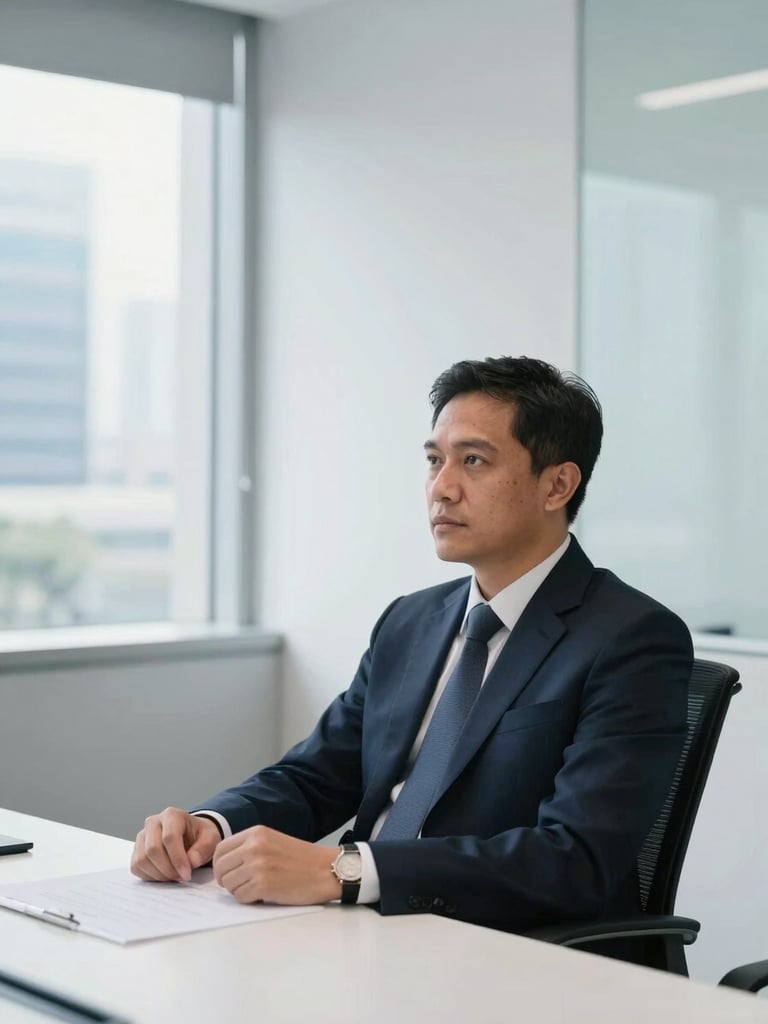 Professional Indonesian executive in a dark suit sitting in a modern Jakarta boardroom, cool office daylight, sharp focus, 35mm