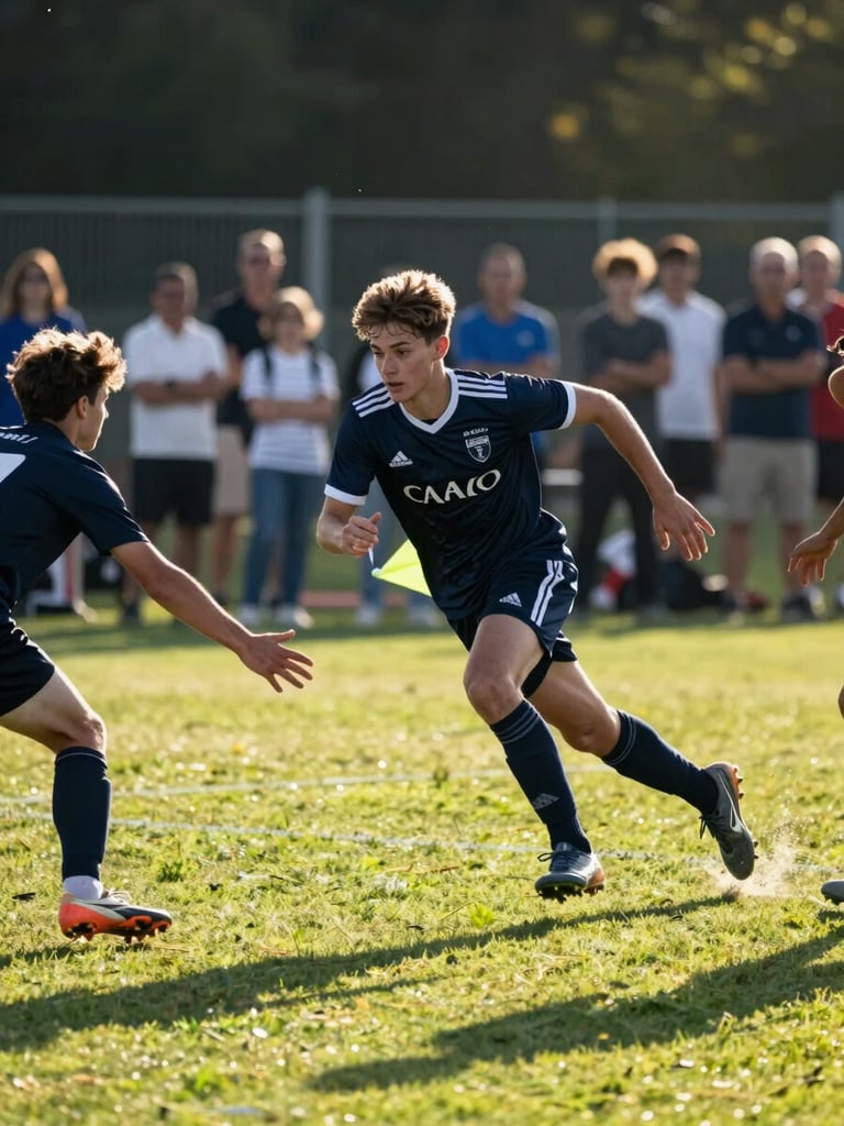 Wide environmental shot at eye level, a young player in a navy jersey sprinting down a green grass field mid-game, an opposing defender's hand reaching for the flag at his hip, natural afternoon sunlight casting long shadows across the turf, crowd of parents blurred in the background along the sideline fence