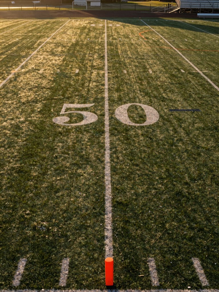 Wide environmental shot looking down the length of a youth flag football field at golden hour, yard lines painted on grass, portable orange pylons at the end zone corners, empty bleachers visible at right edge, long shadow lines stretching across the turf from low sun at left frame