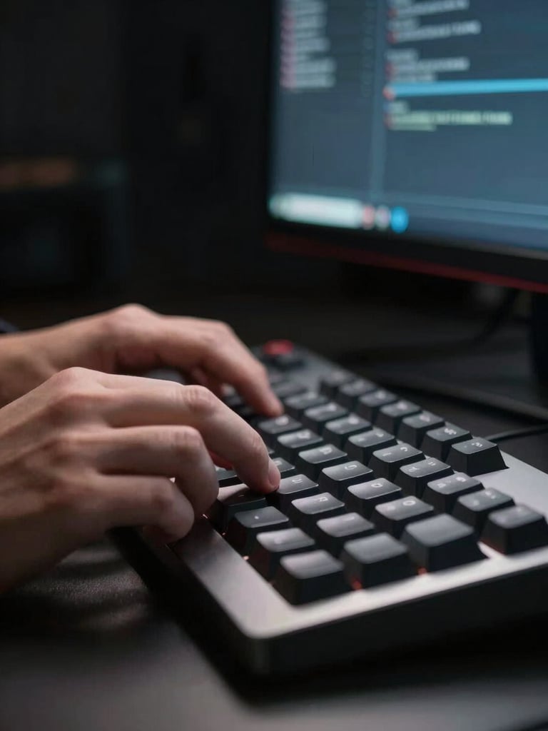 Extreme close-up of hands resting on a mechanical keyboard in a sparse, darkened workspace, a single terminal window glowing on the monitor behind — flat studio lighting, no warmth, no shadows