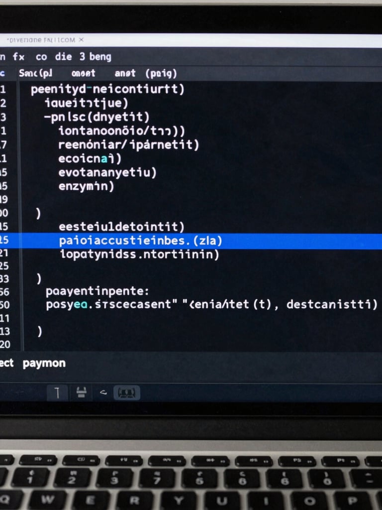 Extreme close-up of a laptop screen showing monospace Python code with a payment confirmation response highlighted in electric blue, shot from directly in front, flat studio lighting, no reflections, dark terminal background visible at edges, keyboard partially visible at bottom frame