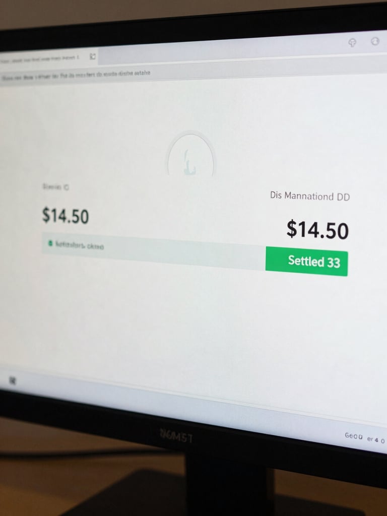 Wide close-up of a monitor screen showing a payment confirmation interface — a transaction ID, a dollar amount ($14.50), a green status indicator reading 'Settled', and a timestamp — flat daylight studio lighting, screen fills the frame edge-to-edge, no reflections