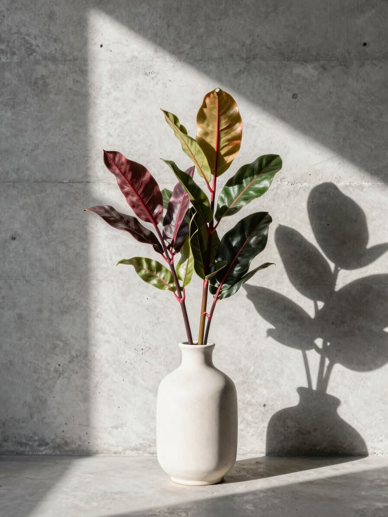 Single-variety architectural stem in a minimalist ceramic vessel against a raw concrete wall, dramatic window shadow, 35mm