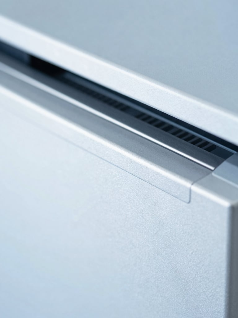 Macro shot of a modern stainless steel UV-C disinfection unit showing high-end technical detail, clean clinical daylight, cool blue undertones, sharp focus