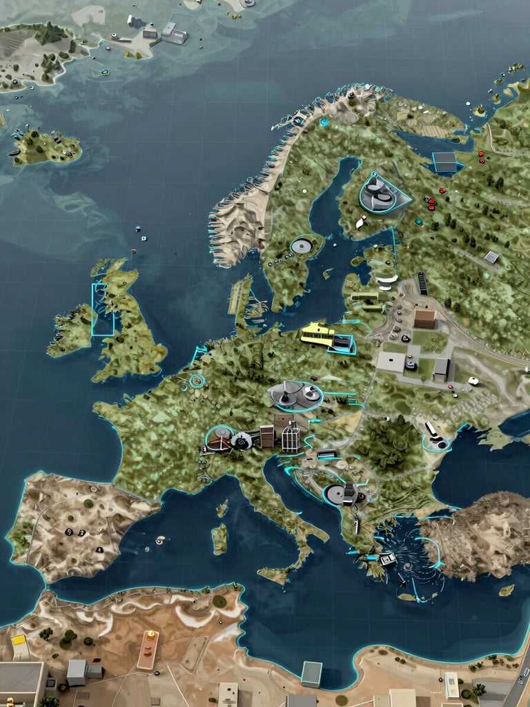 Overhead isometric view of procedurally generated European coastal industrial zone rendered as a high-fidelity digital twin, cyan bounding box annotations marking infrastructure objects, overcast cool daylight, precise grid geometry visible at terrain edges