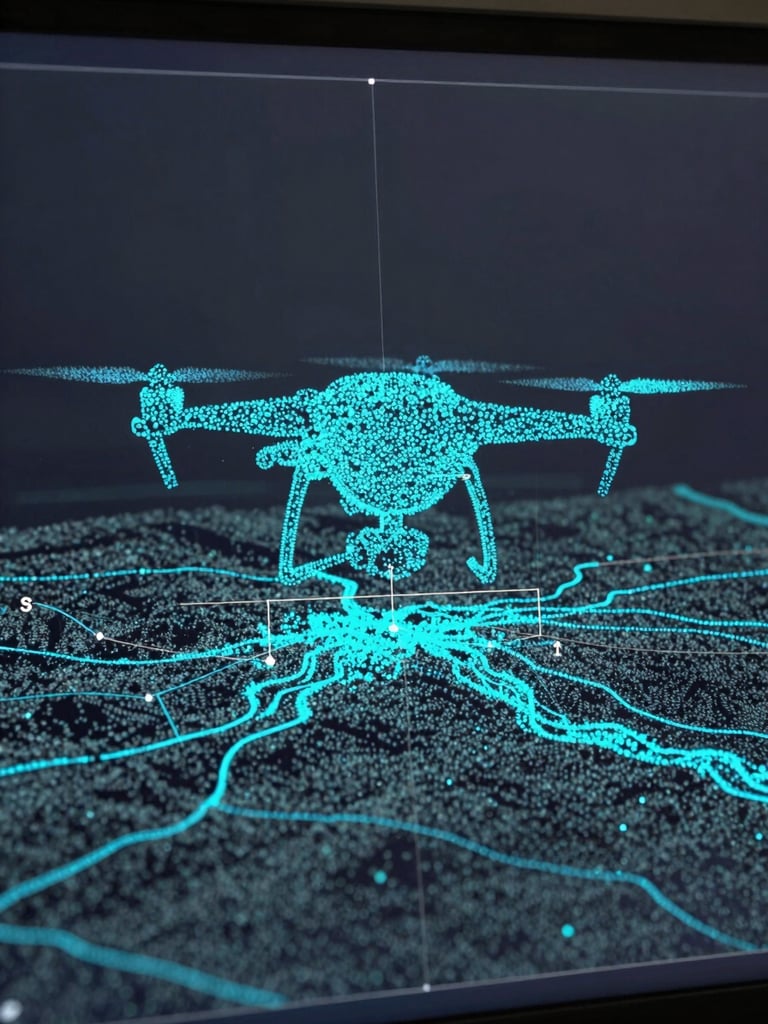 Extreme close-up of a LiDAR point cloud sensor fusion visualization panel, cyan point clusters forming the silhouette of an autonomous drone above a textured terrain mesh, labeled 3D bounding boxes in thin white lines, cool studio lighting on dark graphite background, data grid faintly visible