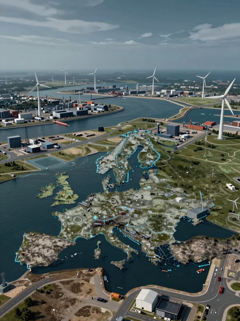 Wide overhead isometric view of procedurally generated European coastal industrial zone — photorealistic terrain with port infrastructure, wind turbines, and a river delta visible, thin cyan bounding box annotations overlaid on vehicles and structures, overcast cool daylight, no humans, deep blue-grey sky