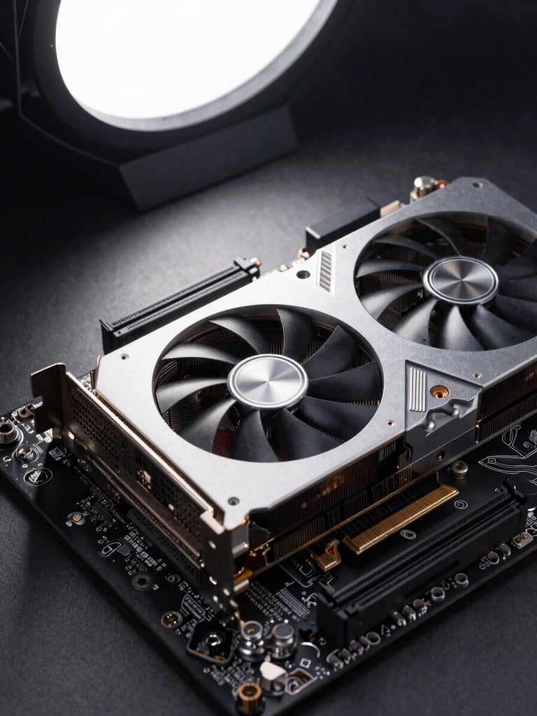 Close-up of a prosumer GPU card seated in a desktop motherboard, PCIe slot and power connectors visible, cold even studio light from above, no human hands, hardware-documentation framing