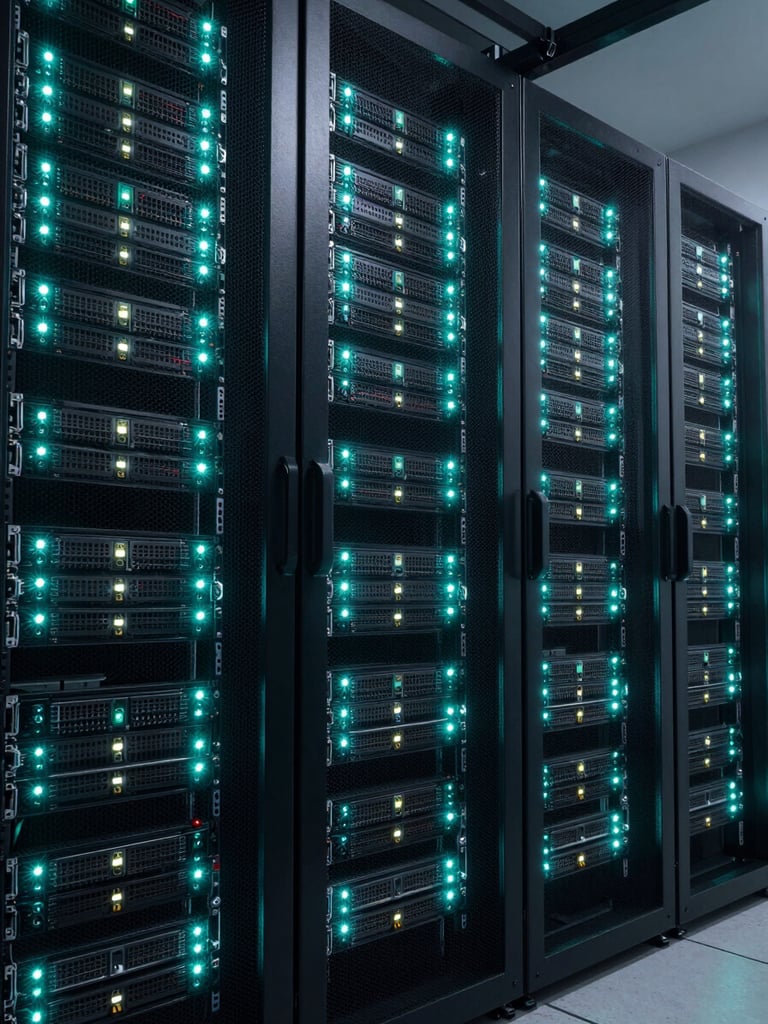 Wide overhead shot of a dense server rack interior, rows of blinking status LEDs in electric teal and white, cold even studio lighting, tight crop emphasizing hardware topology, no human presence