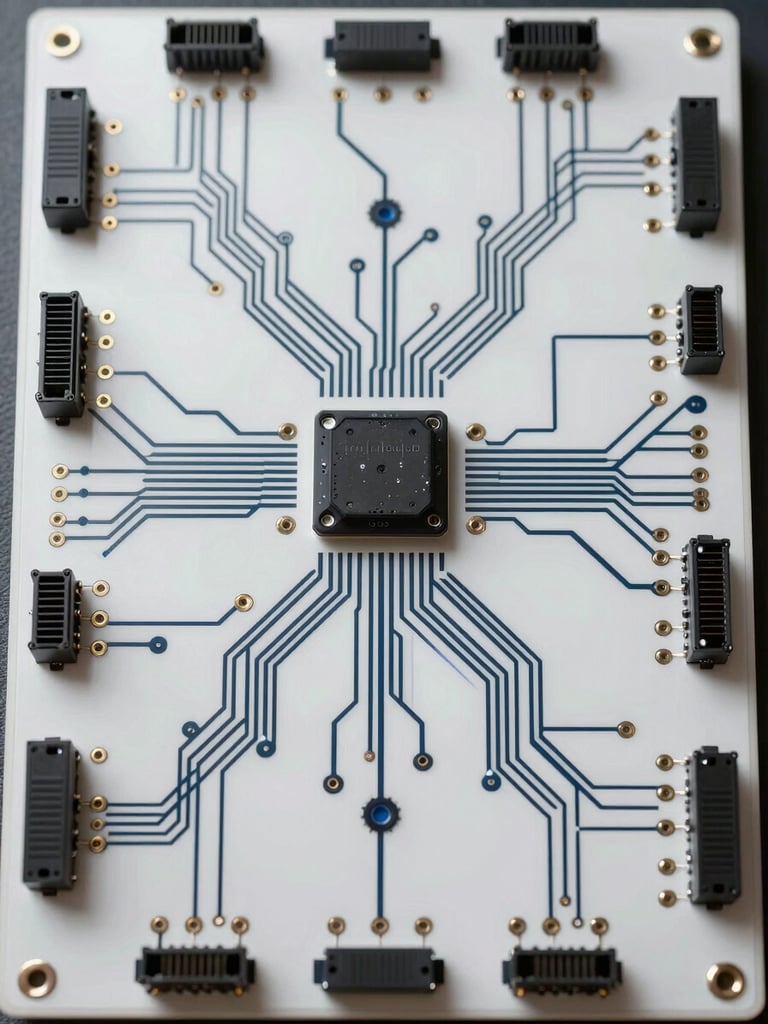 Close-up overhead crop of a network topology board, etched circuit traces and data-bus connectors under even studio lighting, no text or labels, cold white light, tight technical framing