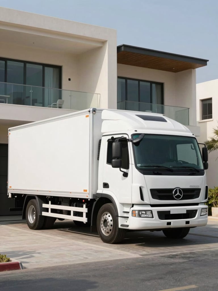 A spotless, branded white truck parked outside a modern Dubai villa in Arabian Ranches under bright, clean daylight.