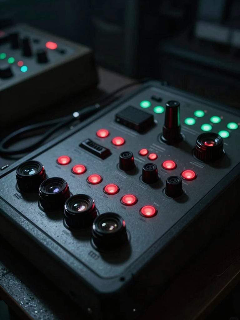 Low-key dramatic photo of a tactical communication console in a darkened room, glowing red and green indicator lights, cinematic 35mm lens, sharp details