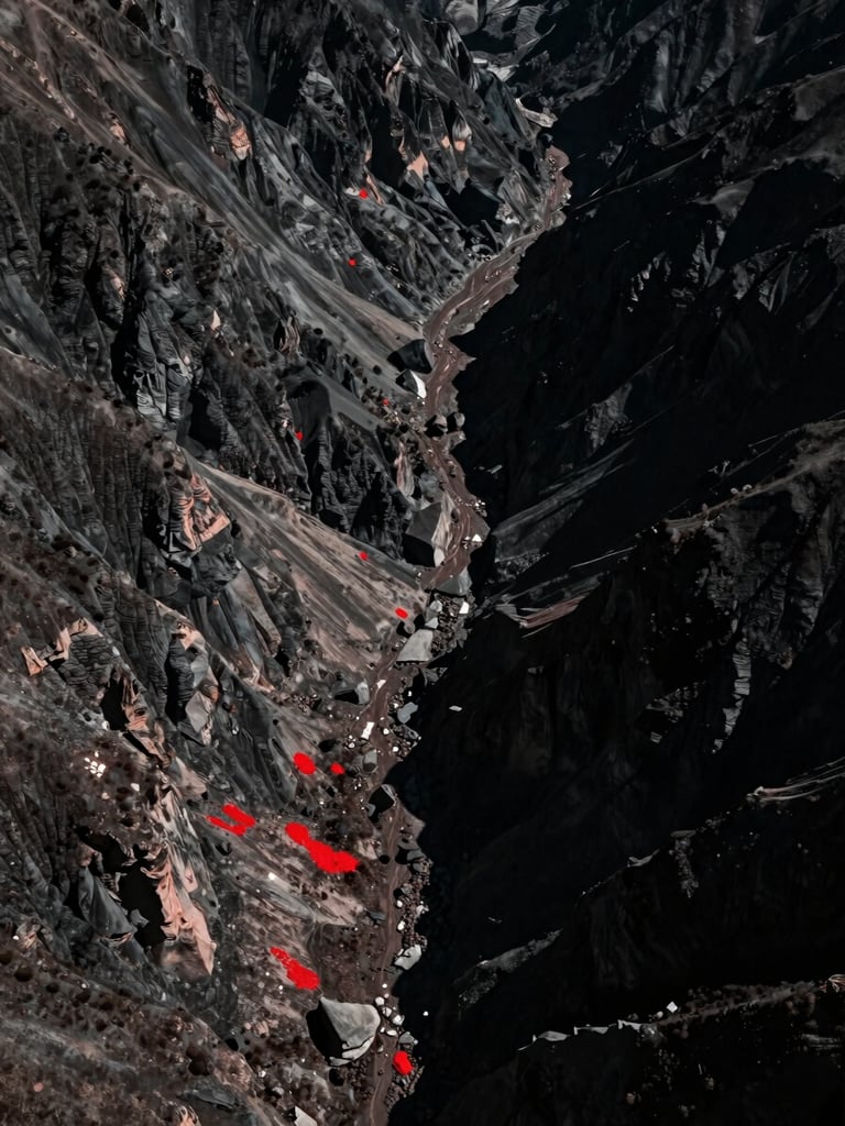 High-angle satellite-style terrain view of a remote mountain corridor, low-key lighting, deep shadows, cool desaturated tones, sharp details.