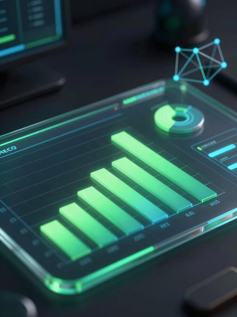 Sleek 3D render of glassmorphic analytics dashboard, glowing green charts, dark ambient studio lighting, macro lens