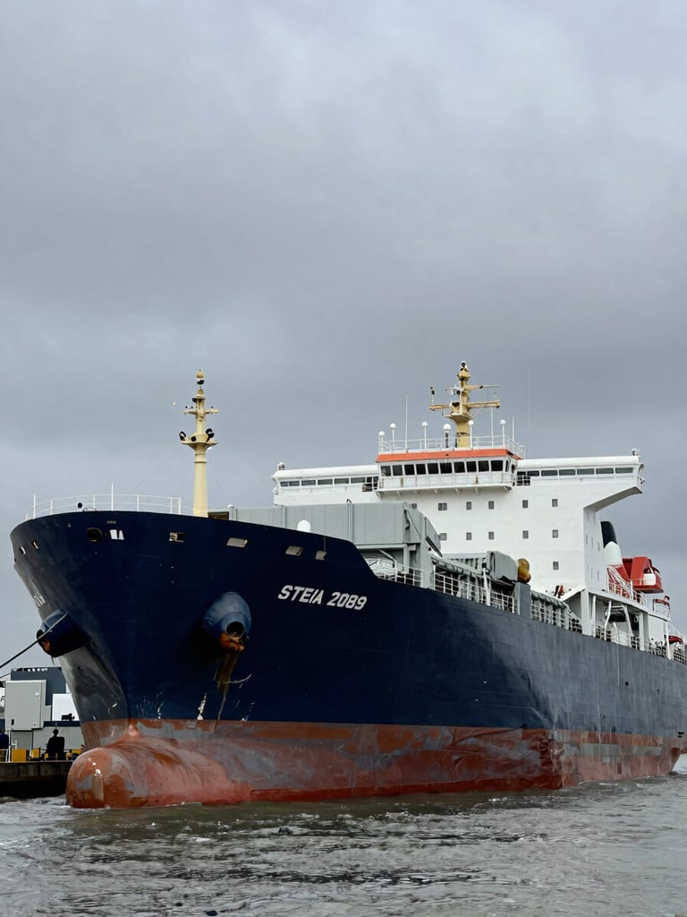 Wide-angle environmental shot of a massive commercial cargo vessel resting in a dry dock, dramatic overcast sky, high-contrast industrial daylight.