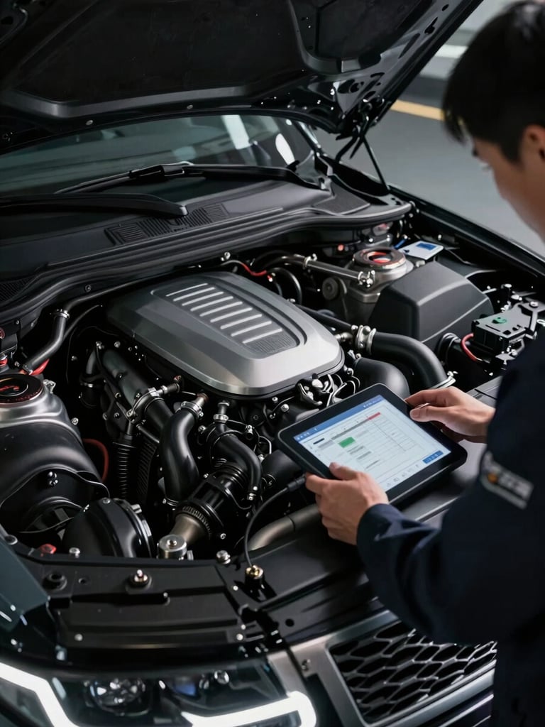 Low-angle shot of a highly detailed Range Rover engine bay, a master technician in a clean branded uniform using a digital diagnostic tablet, dramatic lighting with metallic reflections, 50mm lens.