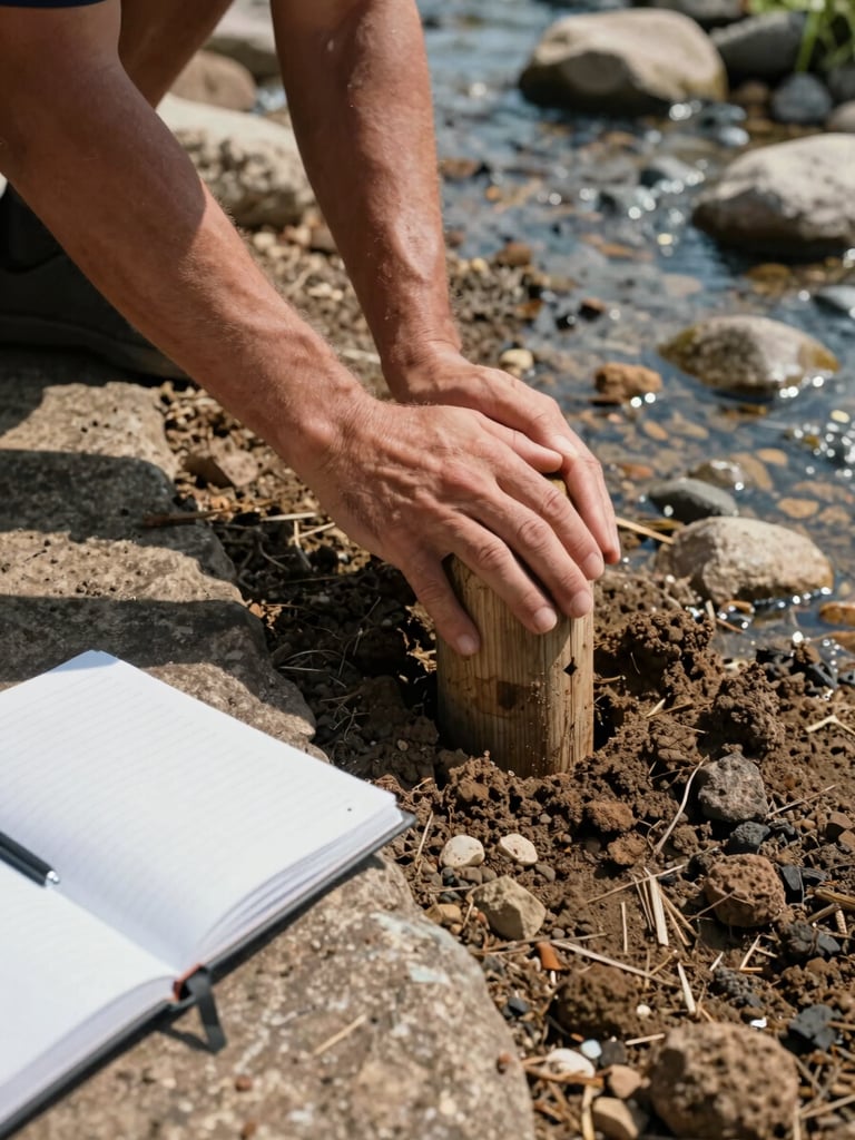 Close-up of a field practitioner's hands pressing a wooden post into compacted streambank soil beside a shallow rocky channel, a field notebook open on a flat stone nearby, high-angle midday light casting sharp shadows on the exposed aggregate, no faces visible