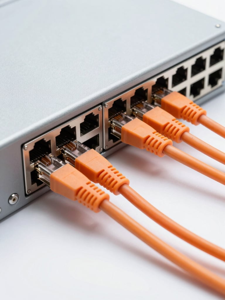 High-key studio shot of a clean physical network switch with orange ethernet cables plugged in, sharp shadows, bright platinum background.