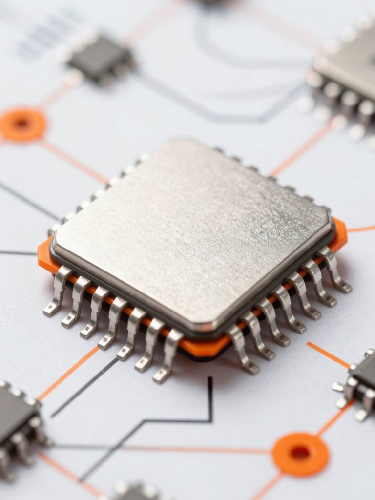 Macro close-up of a physical microchip schematic, high-key bright studio lighting, sharp defined shadows, crisp platinum white and safety orange accents.