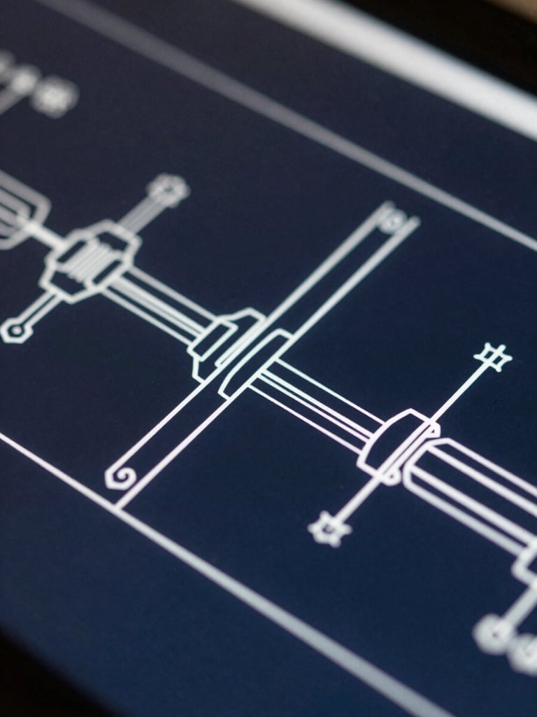 Macro close-up of a high-contrast technical schematic on a screen, bright studio lighting, sharp shadows, platinum white lines on deep navy.