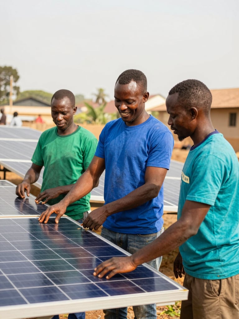 Warm environmental portrait of local technicians in Ghana maintaining a community solar array, bright natural daylight, hopeful atmosphere, 35mm